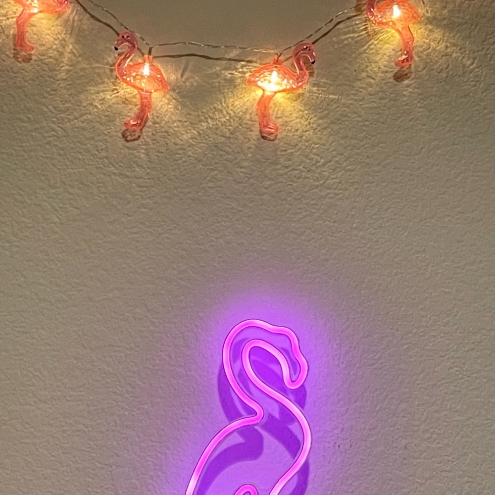 Indoor and Outdoor Flamingo Lamp and String Lights